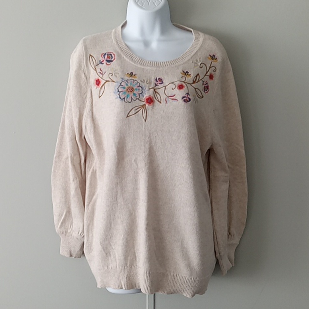 LOFT Embroidered Flower Camel Sweater